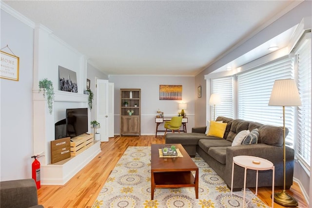 living area featuring light wood finished floors, a fireplace with raised hearth, a textured ceiling, and crown molding