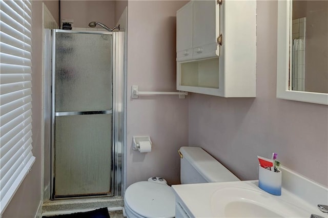 bathroom with vanity, toilet, and a shower stall