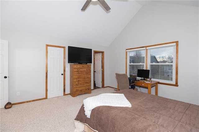 bedroom featuring baseboards, carpet, ceiling fan, and high vaulted ceiling