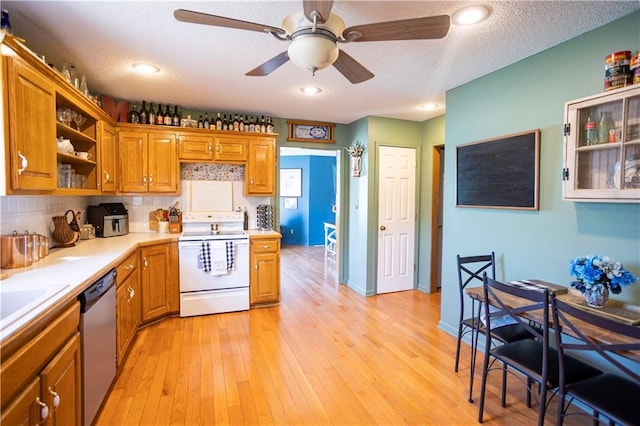 kitchen featuring white range with electric stovetop, brown cabinetry, dishwasher, light countertops, and light wood-type flooring