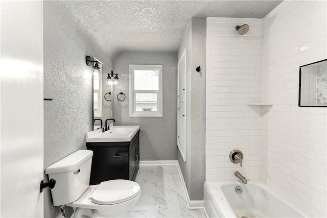 full bath featuring a textured ceiling, shower / bathing tub combination, toilet, a textured wall, and marble finish floor