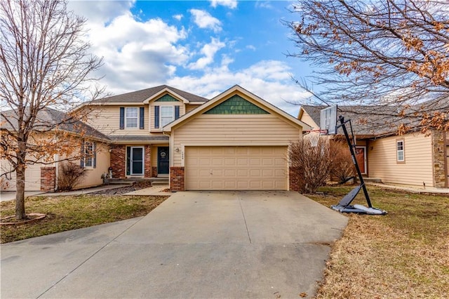 view of front facade featuring brick siding, driveway, an attached garage, and a front yard