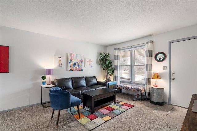 living room featuring a textured ceiling and carpet flooring