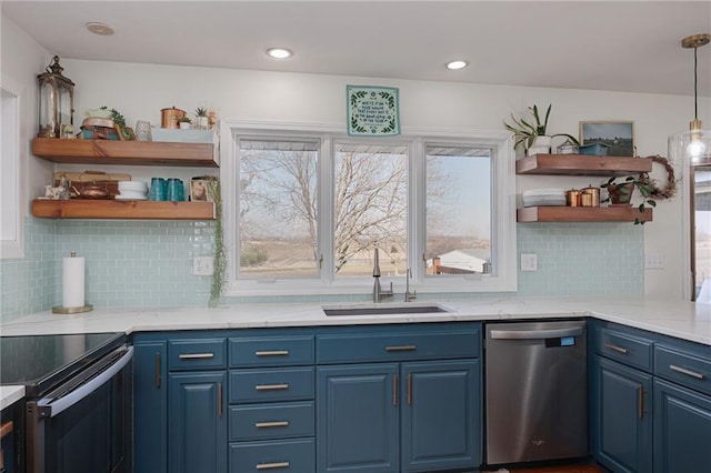 kitchen featuring stainless steel dishwasher, open shelves, blue cabinets, and a sink