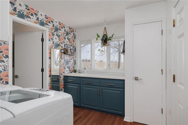 laundry area featuring a sink, dark wood finished floors, laundry area, and wallpapered walls