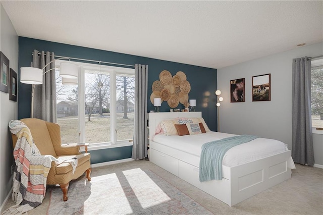 bedroom featuring baseboards, a textured ceiling, and carpet flooring