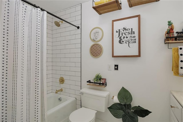 full bath featuring toilet, shower / tub combo with curtain, and vanity