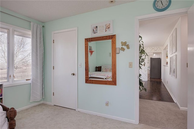 hall with a wealth of natural light, baseboards, and carpet flooring