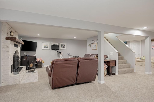 living room featuring recessed lighting, baseboards, stairs, and carpet