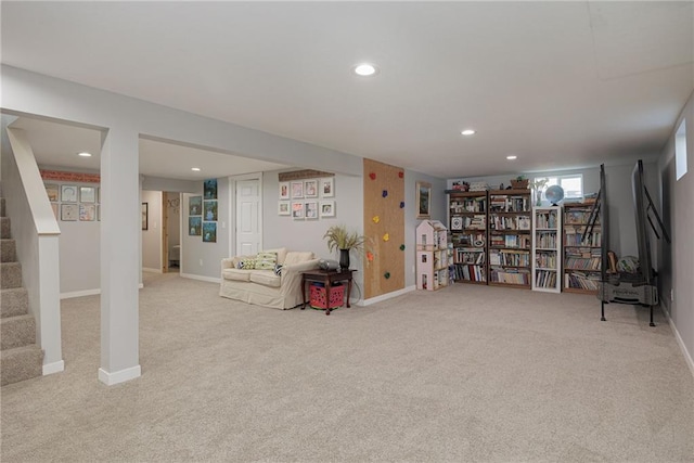 unfurnished room featuring stairway, recessed lighting, baseboards, and carpet floors