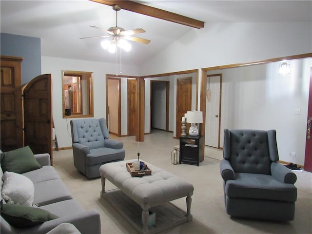 living room with light colored carpet, lofted ceiling with beams, and ceiling fan