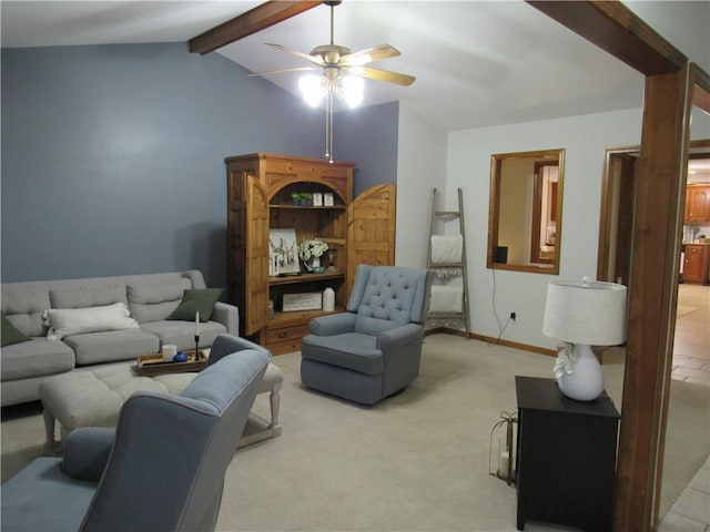 living area with light colored carpet, baseboards, a ceiling fan, and vaulted ceiling with beams