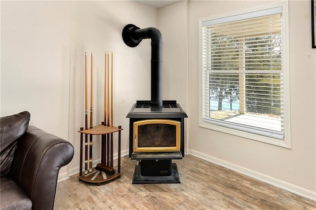 room details featuring a wood stove, baseboards, and wood finished floors