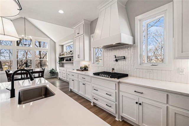 21143 W 189th Ct, Spring Hill, KS 66083 - kitchen featuring premium range hood, stainless steel gas stovetop, a chandelier, plenty of natural light, and lofted ceiling