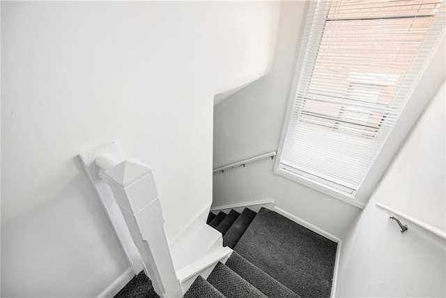 staircase featuring baseboards and carpet floors