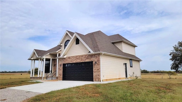 view of property exterior featuring a lawn, driveway, roof with shingles, a garage, and brick siding