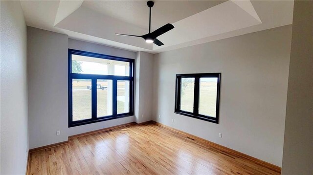 unfurnished room with baseboards, a raised ceiling, and light wood-style flooring