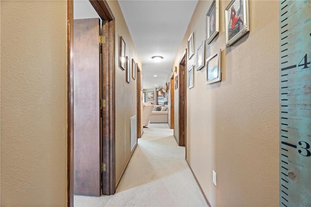 hallway with light colored carpet and a textured wall