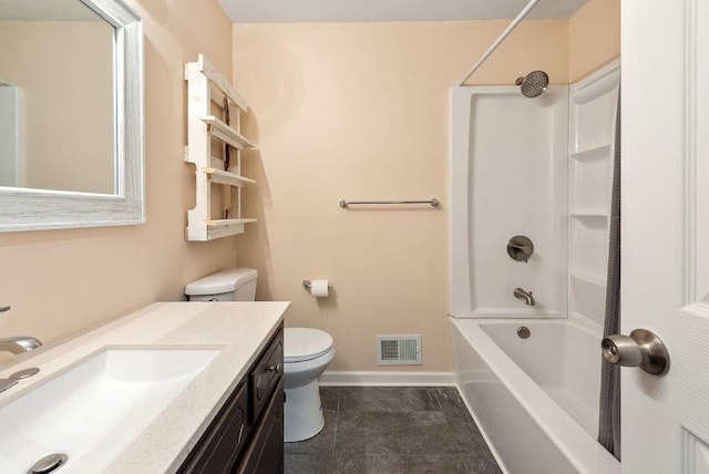 full bath featuring visible vents, toilet, vanity, baseboards, and shower / bathtub combination