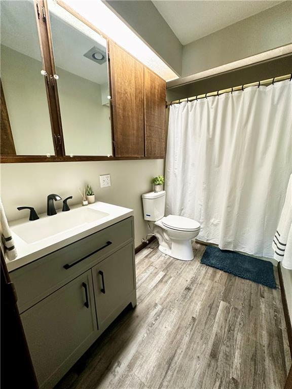 full bathroom featuring curtained shower, toilet, vanity, and wood finished floors