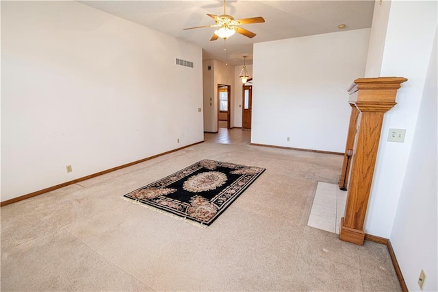 22513 E 33rd St S, Blue Springs, MO 64015 - empty room featuring light carpet, visible vents, baseboards, and ceiling fan
