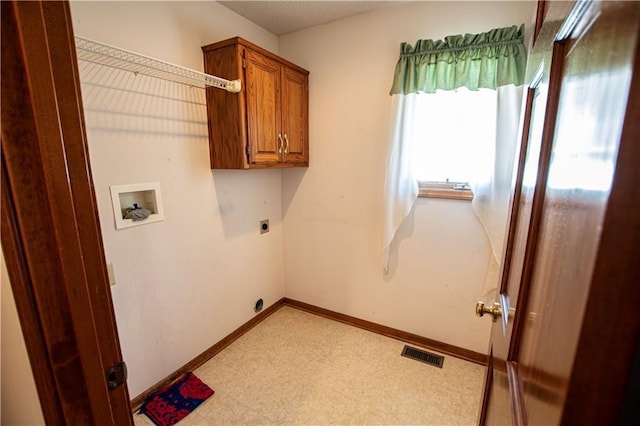 22513 E 33rd St S, Blue Springs, MO 64015 - clothes washing area featuring hookup for a washing machine, light floors, baseboards, visible vents, and electric dryer hookup
