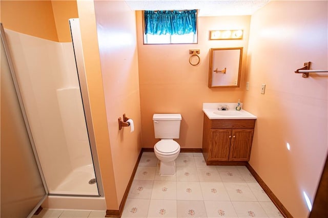 22513 E 33rd St S, Blue Springs, MO 64015 - full bathroom featuring vanity, a shower stall, toilet, and baseboards