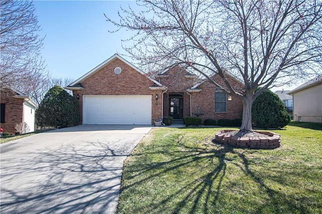 view of front of home with brick siding, driveway, a front yard, and an attached garage