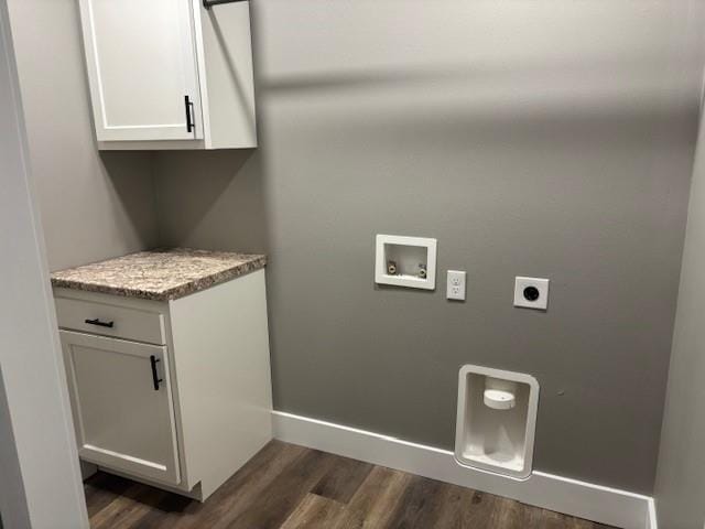 laundry room with dark wood-type flooring, baseboards, washer hookup, cabinet space, and hookup for an electric dryer