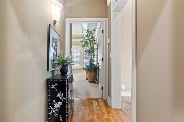 hallway featuring baseboards and light wood finished floors