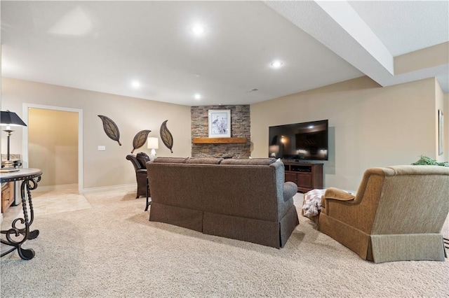 living room featuring recessed lighting, light colored carpet, and baseboards