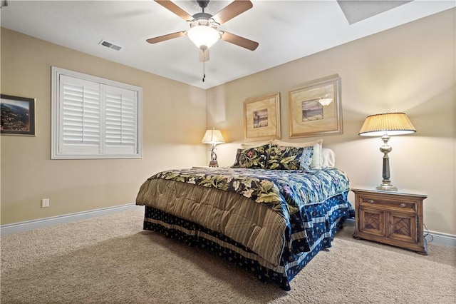 bedroom with a ceiling fan, carpet flooring, baseboards, and visible vents