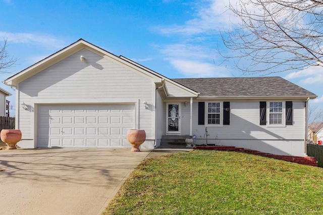 ranch-style home featuring an attached garage, fence, a front yard, roof with shingles, and driveway