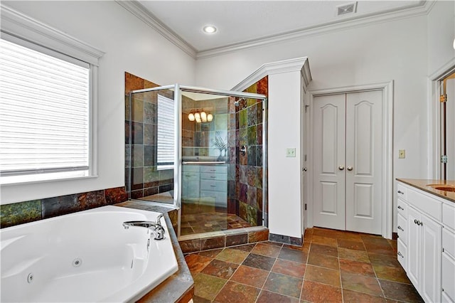 full bath featuring visible vents, ornamental molding, a tub with jets, a shower stall, and vanity