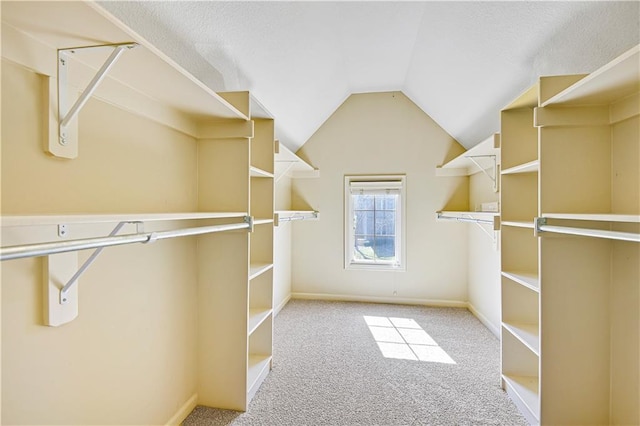 walk in closet featuring carpet and vaulted ceiling