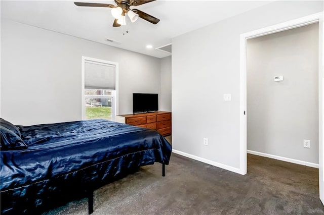 bedroom with a ceiling fan, baseboards, and visible vents