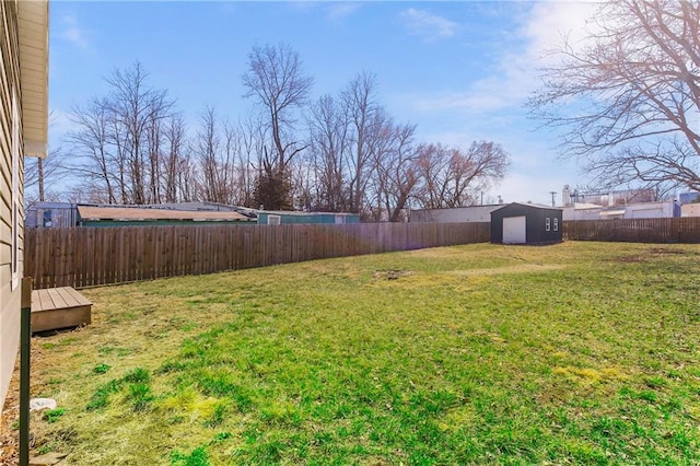 view of yard with an outbuilding and a fenced backyard