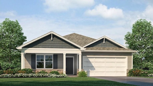 craftsman inspired home featuring an attached garage, concrete driveway, a front yard, and a shingled roof