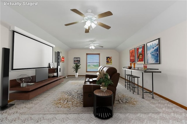 1796 NW 770th Rd, Bates City, MO 64011 - home theater room featuring a ceiling fan, baseboards, carpet flooring, and vaulted ceiling