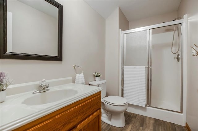 1796 NW 770th Rd, Bates City, MO 64011 - bathroom featuring vanity, a stall shower, toilet, and wood finished floors