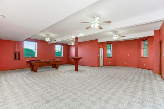 1796 NW 770th Rd, Bates City, MO 64011 - playroom featuring light carpet, baseboards, a ceiling fan, and billiards