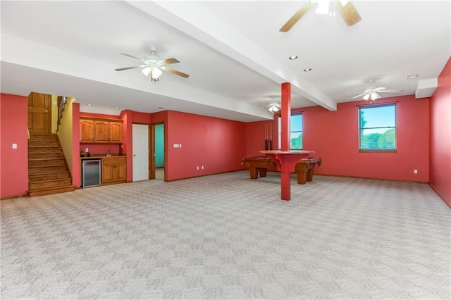 1796 NW 770th Rd, Bates City, MO 64011 - rec room with ceiling fan, bar, billiards table, carpet flooring, and beam ceiling