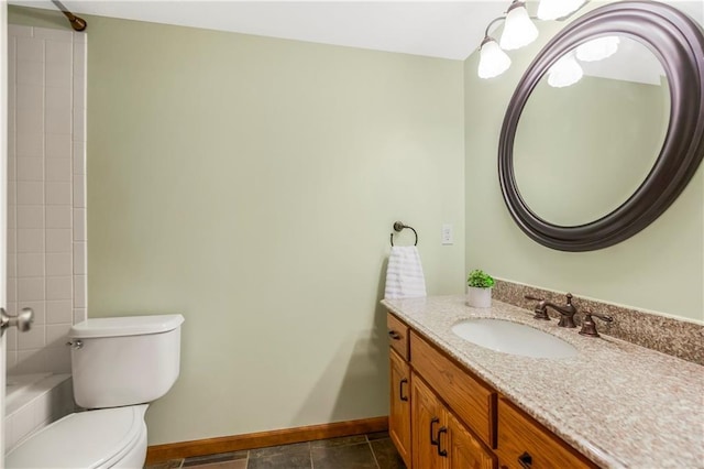 1796 NW 770th Rd, Bates City, MO 64011 - bathroom featuring vanity, toilet, baseboards, and shower / washtub combination