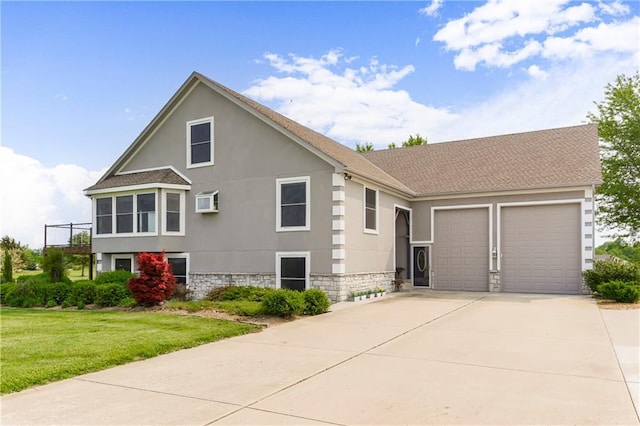 1796 NW 770th Rd, Bates City, MO 64011 - view of front of property featuring stone siding, an attached garage, concrete driveway, a shingled roof, and stucco siding