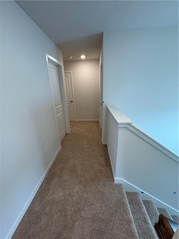 hall featuring baseboards, recessed lighting, and light carpet