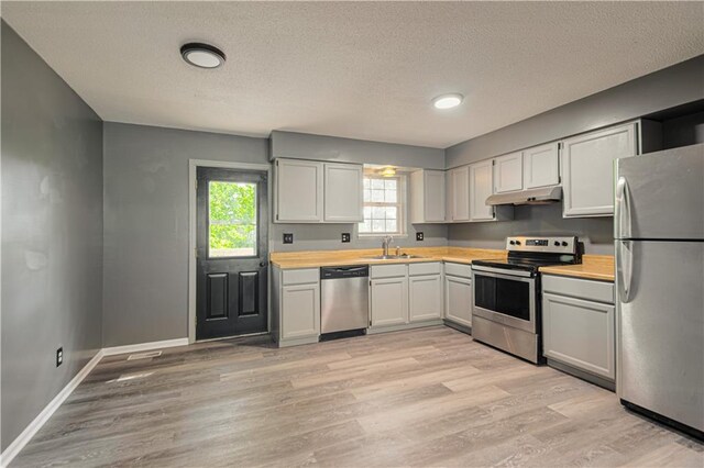 kitchen with under cabinet range hood, a sink, appliances with stainless steel finishes, light wood finished floors, and baseboards