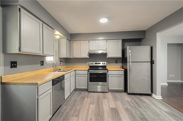 kitchen featuring a sink, under cabinet range hood, a textured ceiling, light wood-style floors, and appliances with stainless steel finishes