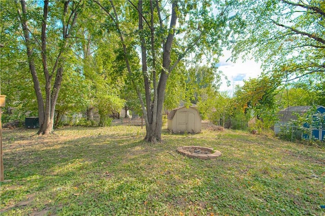 view of yard featuring a storage unit, an outdoor structure, and fence