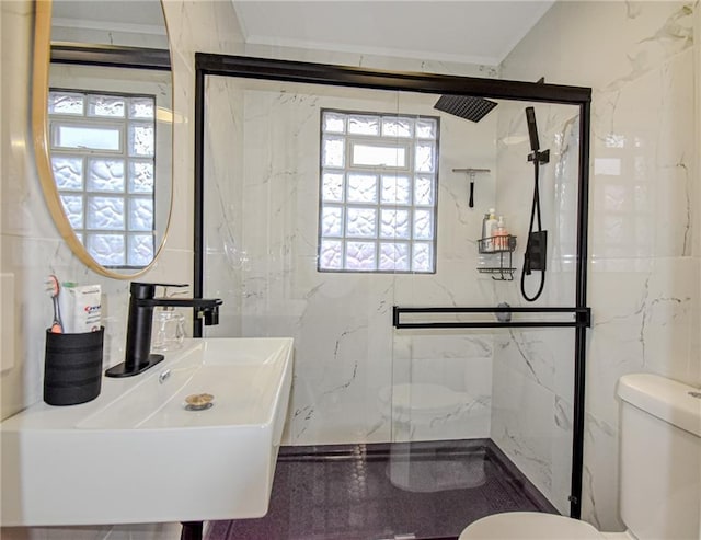 bathroom with crown molding, toilet, a marble finish shower, and a sink