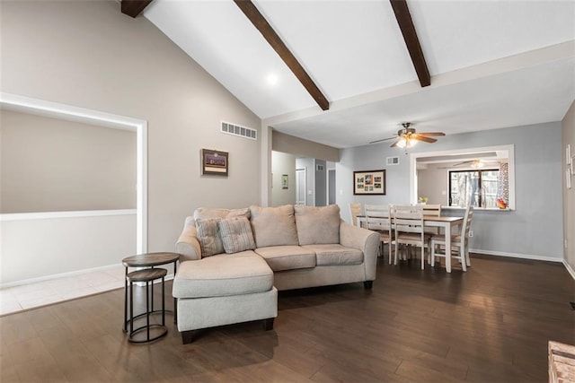 living area with dark wood finished floors, visible vents, baseboards, and beam ceiling